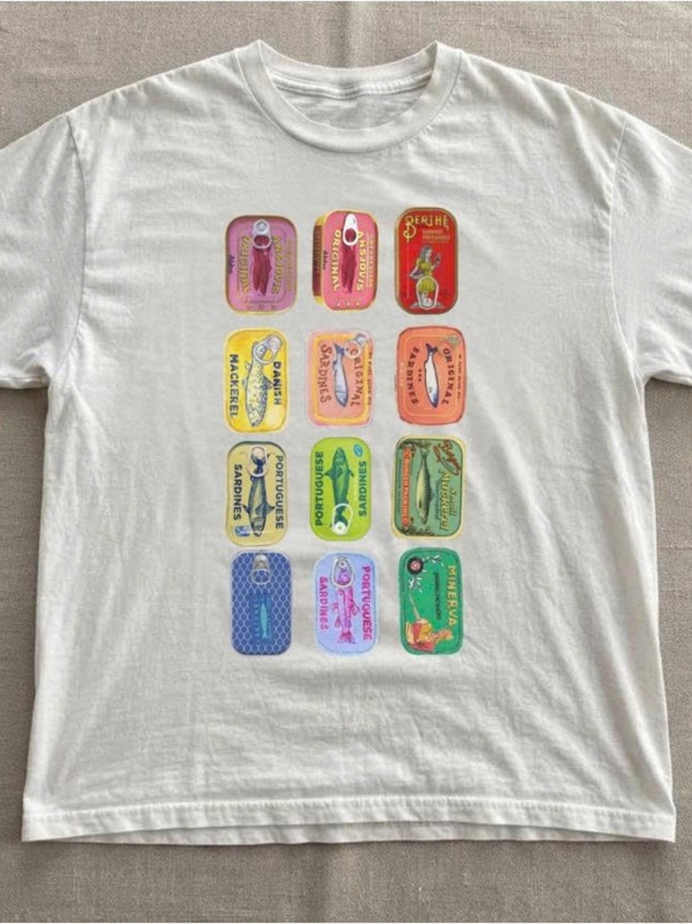 White Tee with Colorful Sardine Tin Graphic
